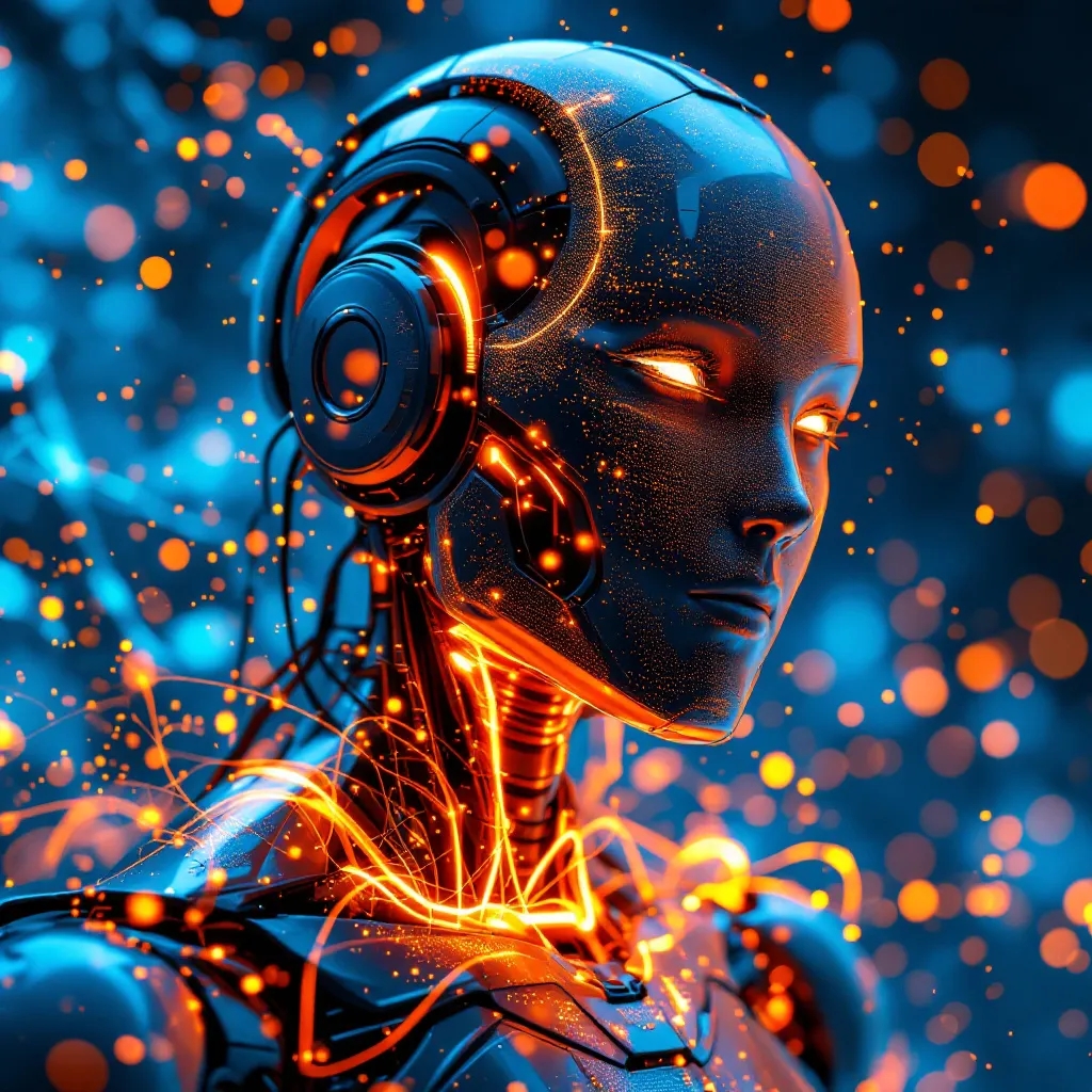 Futuristic robot with glowing circuitry.